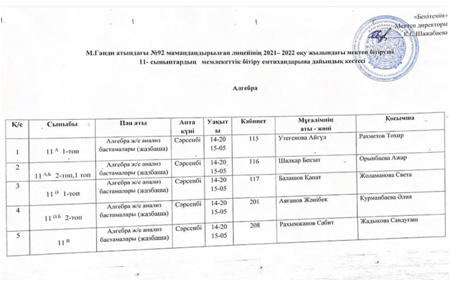 Қорытынды аттестаттауына дайындық кестесі