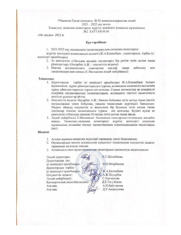 Тамақтану сапасына мониторинг жүргізу 2021-2022оқу жылы